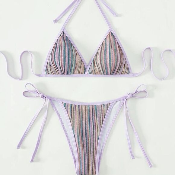 Pastel Mermaidcore Barbiecore Striped Metallic Halter Triangle Bikini - Picture 4 of 9